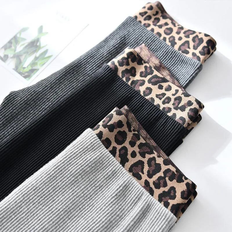 Leggings gruesos de terciopelo para mujer, pantalones largos elásticos de leopardo con tiras verticales, cálidos, C7469, Otoño e Invierno