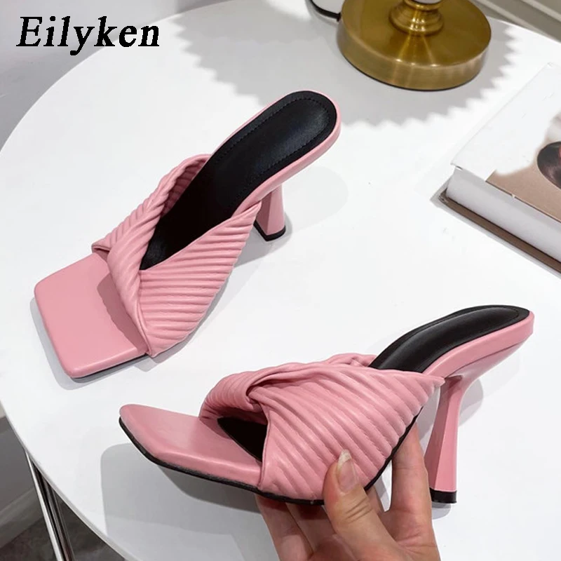 Eilyken 2024 New Summer Pleated Orange Women Slipper Fashion Slides Ladies Elegant Thin High Heel Square Toe Sandals Shoes