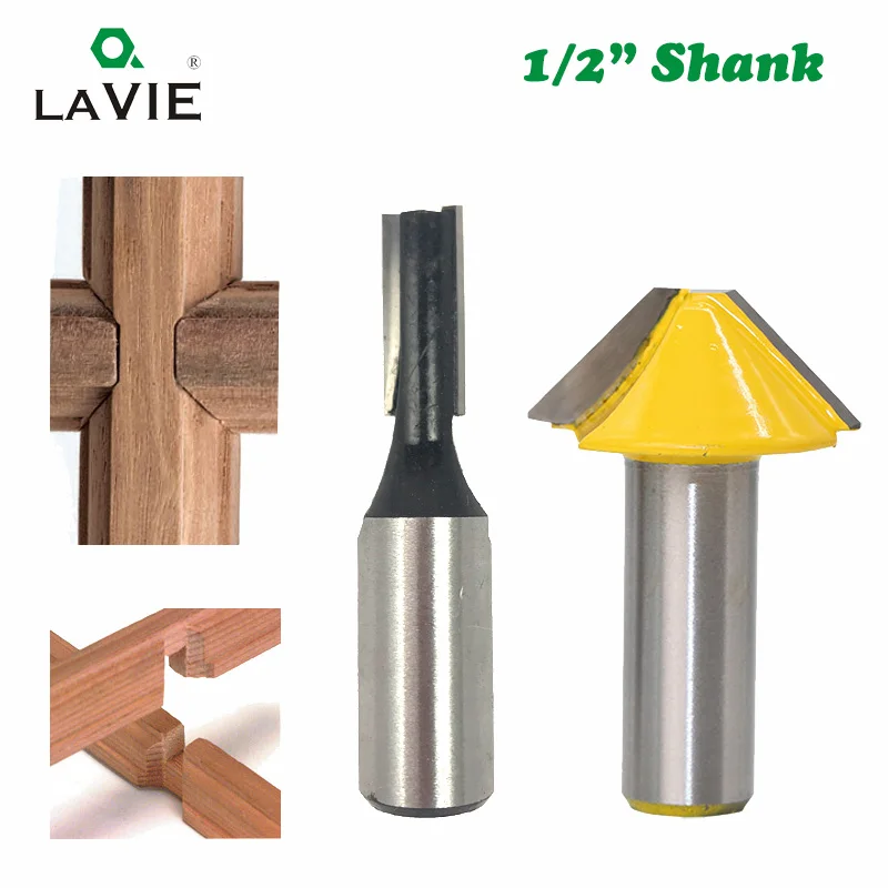 2pcs 1/2 Solid Carbide Tenon Cutting Bits Knife Flat-bottomed V Shape Milling Cutters Router Bit for Wood Door Window