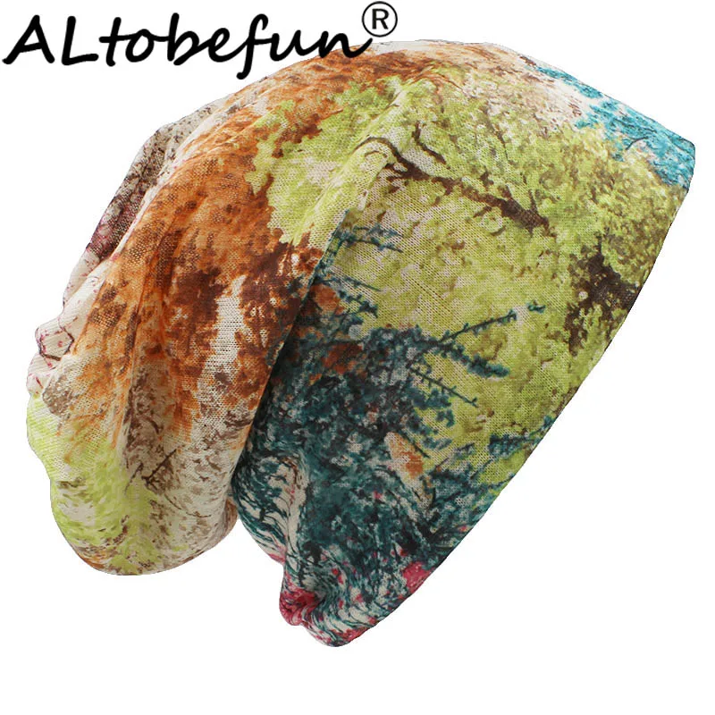ALTOBEFUN Girl Fashion Feminino Multifunction Scarf Autumn Winter Thin Skullies Beanies Cute Print Design Hats For Women BHT101