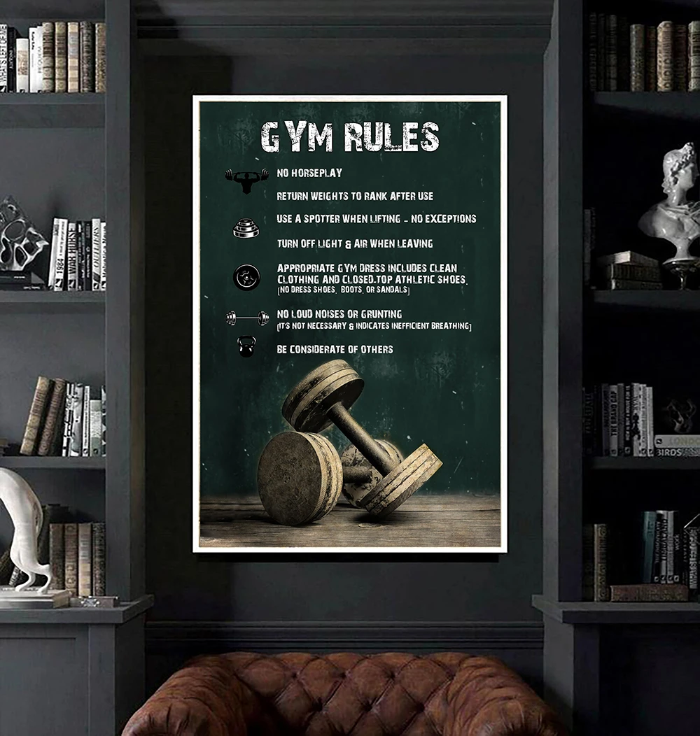 

Dumbbell Gym Rules Vintage Poster, Fitness Gym Workout Painting, Bodybilding Weight Training Gym Lovers Canvas Fitness Decor