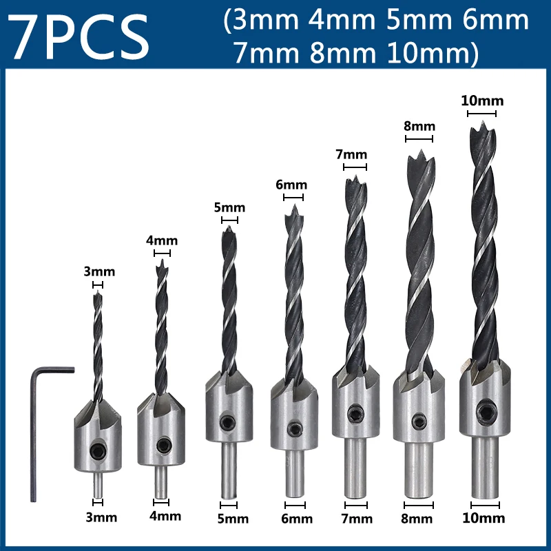 4Pcs/7Pcs Flute Countersink Drills HSS BitS countersunk head drilling Bit Set 3 Tips Woodworking Chamfer Drill 3,4,5,6,7,8,10mm