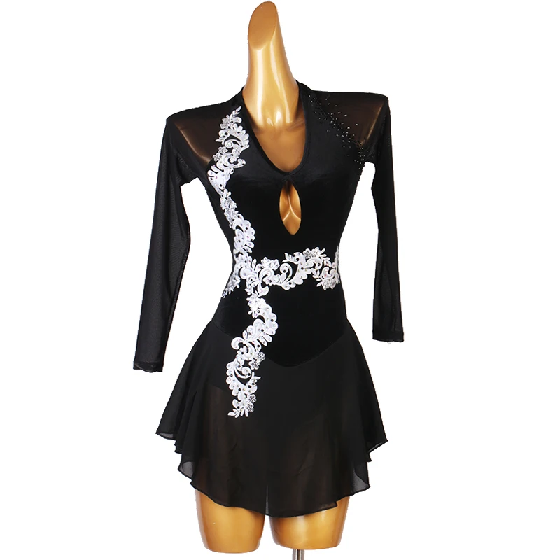 

Kids Girls Stylish Ice Skating Dress Long Sleeve Sparkly Rhinestone Mesh Splice Skating Ballet Dance Gymnastics Leotard Dress