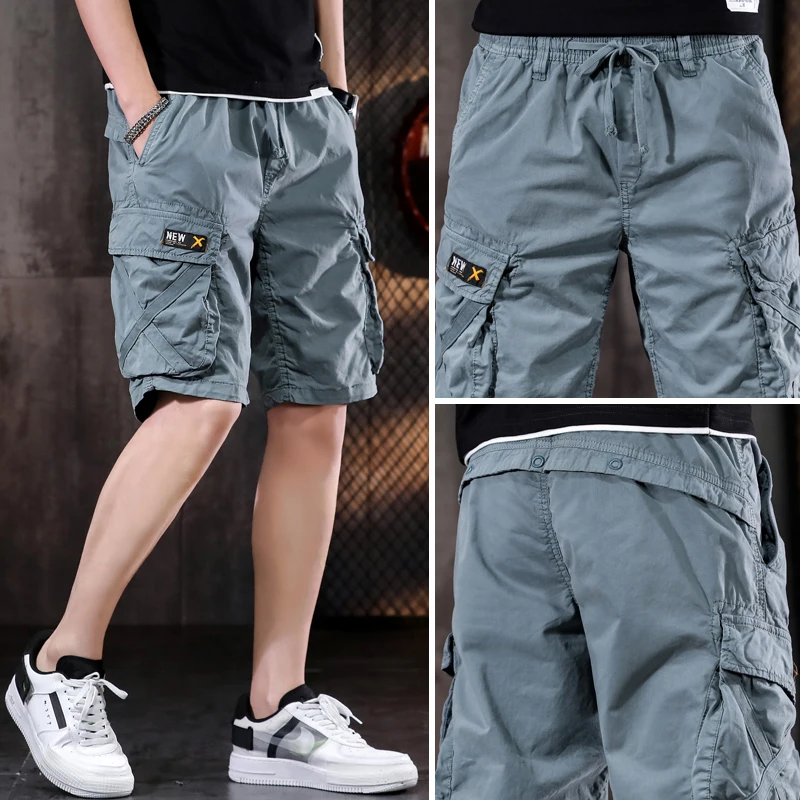 Cargo Shorts Men Multi-Pocket Summer Cotton Casual Male Short Pants Fashion Clothing Comfortable Drawstring Knee Length Pants