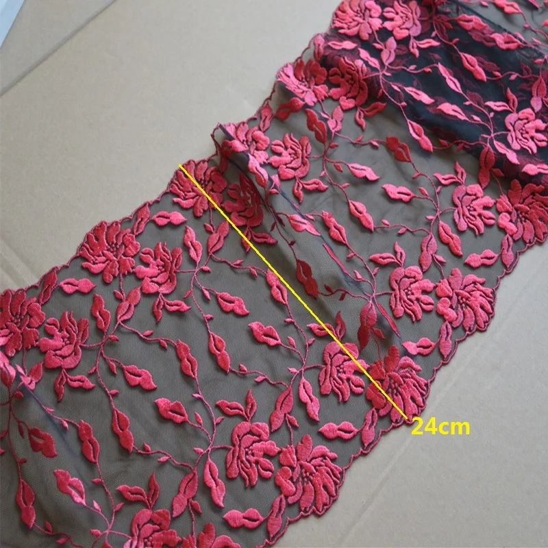 2Yds/Lot 22-24cm Wide Transparent Black Mesh Fluorescent Red,Black Flower Embroidery High Quality Lace Trim For Garments,Wedding