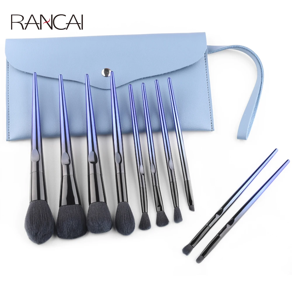 RANCAI 10 Pcs Makeup Brushes Navy Blue Premium Synthetic Hair Foundation Blending Brush Tool Powder Eyeshadow Cosmetic Set Case