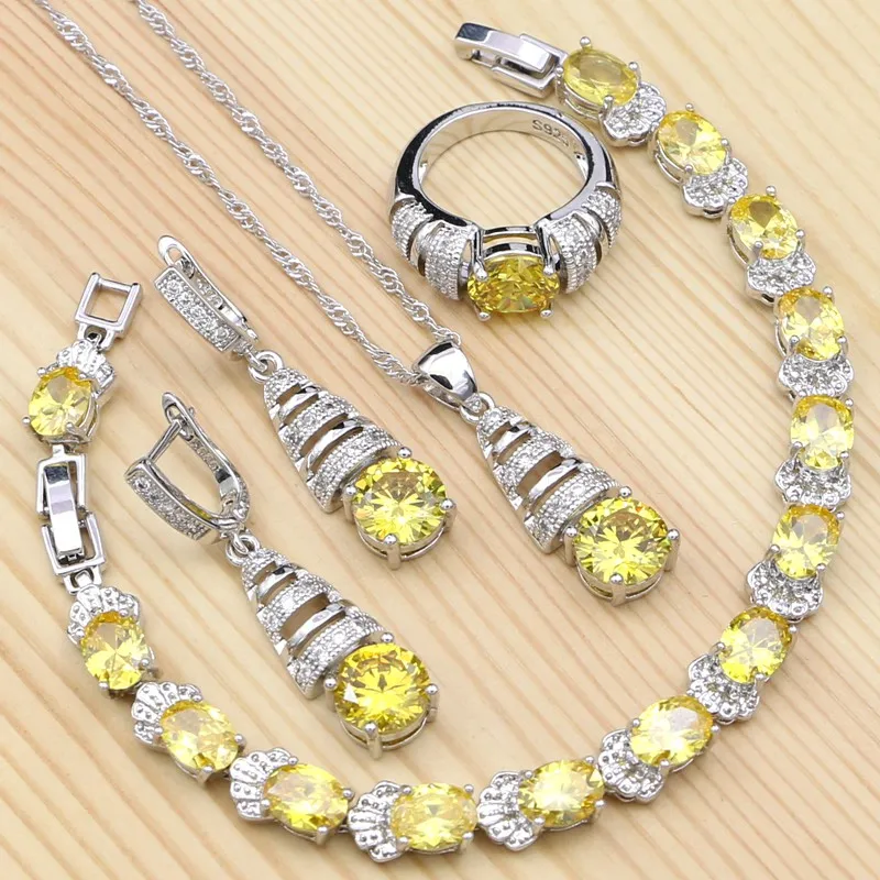 

925 Sterling Silver Jewelry Kit for Women Yellow Cubic Zirconia Silver Ring Bracelet Necklace Pendant Earrings Set