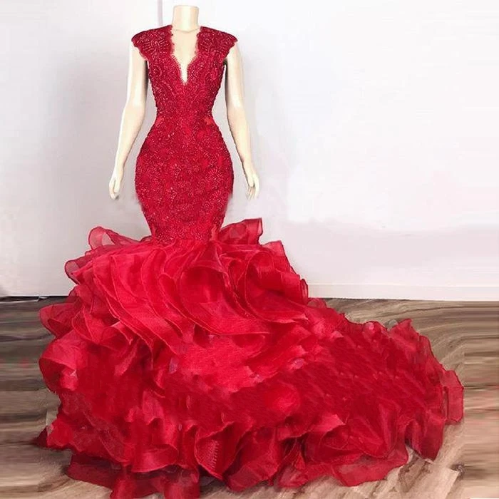 Dark Red Cascading Ruffles Prom Dresses Mermaid 2025 Lace Beaded Organza V-neck Evening Party Gowns robes de soriee Customized