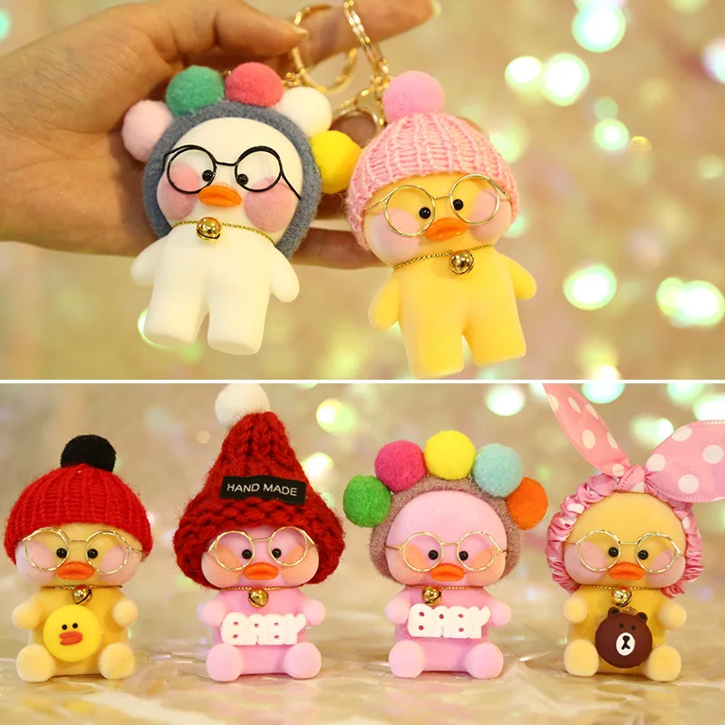 10cm Lalafanfan Lovely Keychain Pendant Toy Kawaii Cafe Mini Yellow Duck Action Figure Keyring Bags Decoration Toys For Children