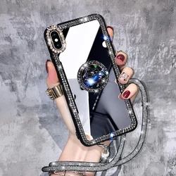 Mirror Rhinestone Makeup Women Case For iPhone 16 15 14 13 XR Xs Plus 12 11 Pro Max Case Glitter Bling Diamond Ring Holder Strap