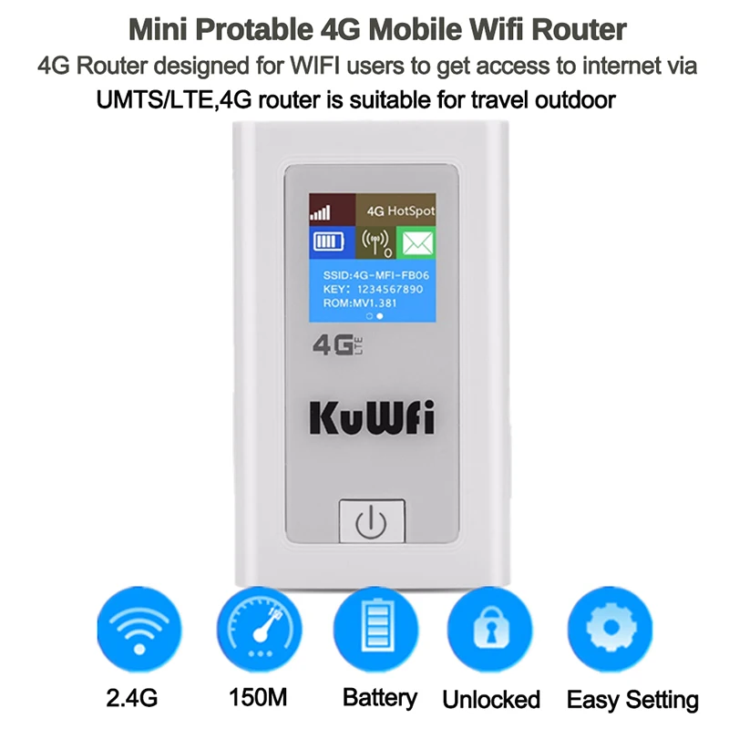 KuWFi 150Mbps 4G Router 5200mAh Mobile Wi-Fi Hotspot Device High Speed Wi-Fi Portable Router Hotspot Wifi Devices  For Travel
