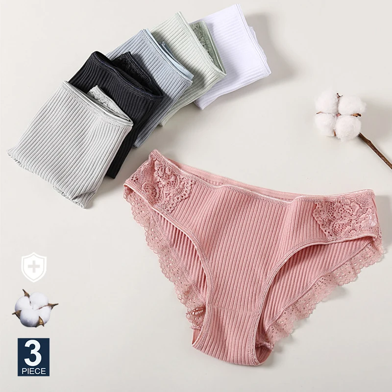 FINETOO 3PCS/Set Cotton Panties Women Underwear Sexy Panties Lace Brief for Female Panty Lingerie Low Waist Floral culotte femme
