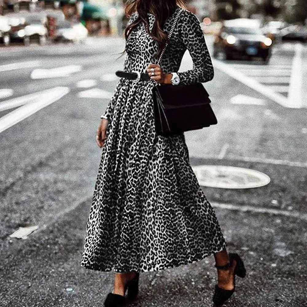 Jocoo Jolee Shirt Long Dress Women Vintage Leopard Print Long Sleeve O Neck Pleated Dress Casual Maxi Party Dress Oversized