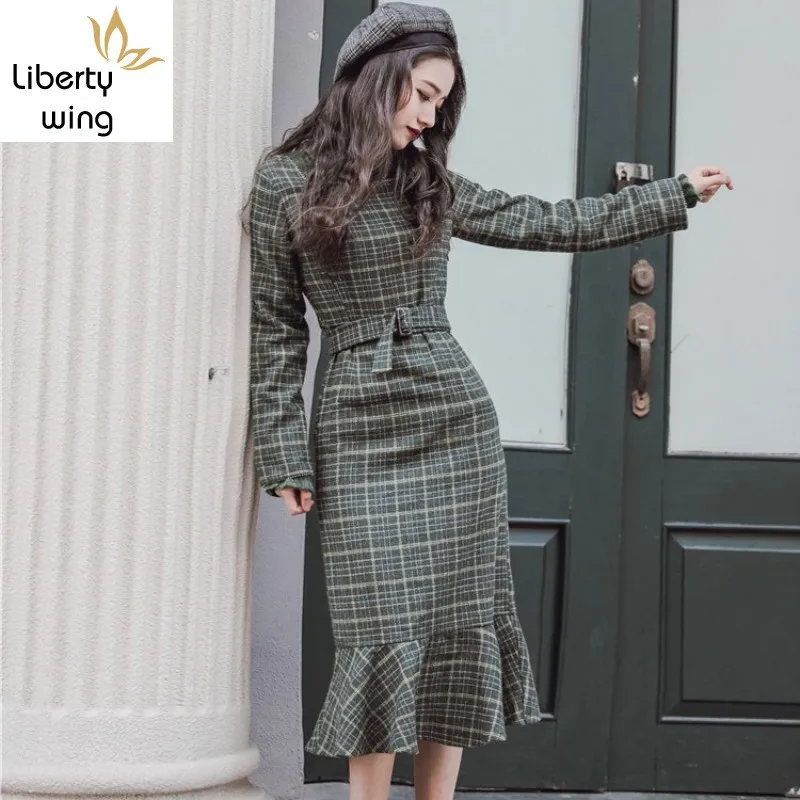 Vintage Elegant Sweaters Green Plaid Tweed Two Piece Set Women Streetwear Autumn Winter Slim Ruffle Long Dress Suit S-L