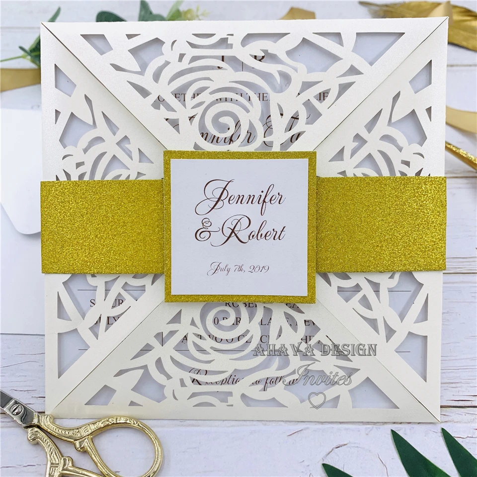 Simple Ivory Laser Cut Invitation With Gltter Belly Band And Matched Envelope