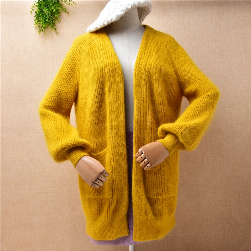 

female women autumn winter clothing hairy angora rabbit fur knitwear long lantern sleeves loose cardigan jacket coat sweater top