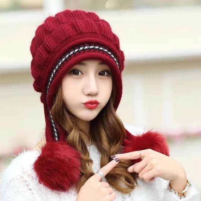 Winter Ear Protection Knitted Hat Women Fashion Plush Thickened Girl Outdoor Hat Warm Ball Bubble Fluffy hat Red