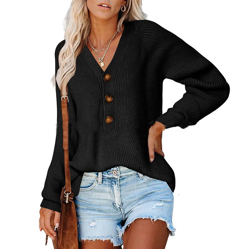 Winter Warm Button Harajuku Sweater European And American New Style Knitted V-neck Fashion Women's Sweater