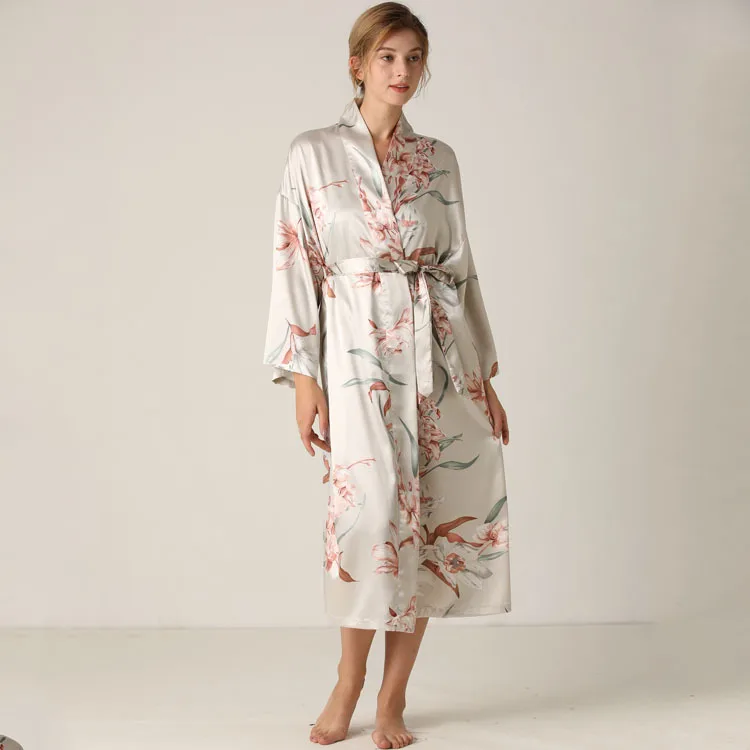 Print Flower Women Kimono Bathrobe Gown Intimate Lingerie Satin Nightwear Nighty&Robe Suit Sexy Sleepwear Silky Nightgown