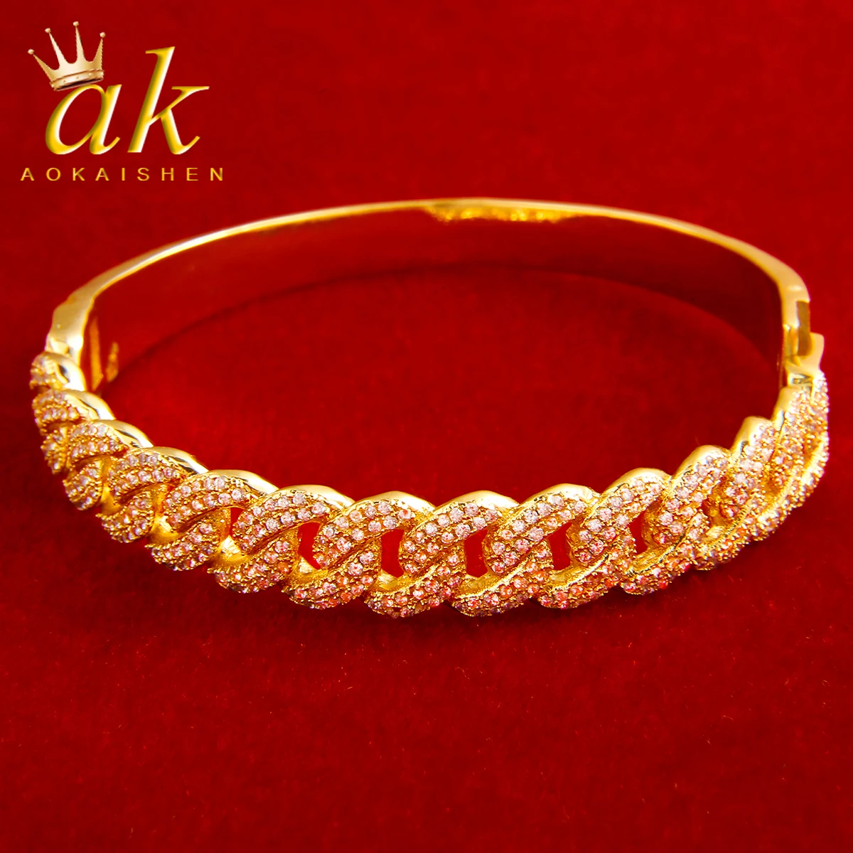 

Aokaishen Iced Out Cuban Link Bangle for Men Bracelet Real Gold Plated Hip Hop Jewelry Wholesale Free Shipping Items