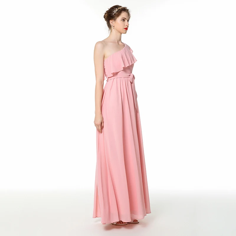 Rosa Chiffon Lange Brautjungfer Kleider 2019 Günstige Hochzeit Party Gast Kleid Elegant Eine Schulter robe demoiselle d'honneur