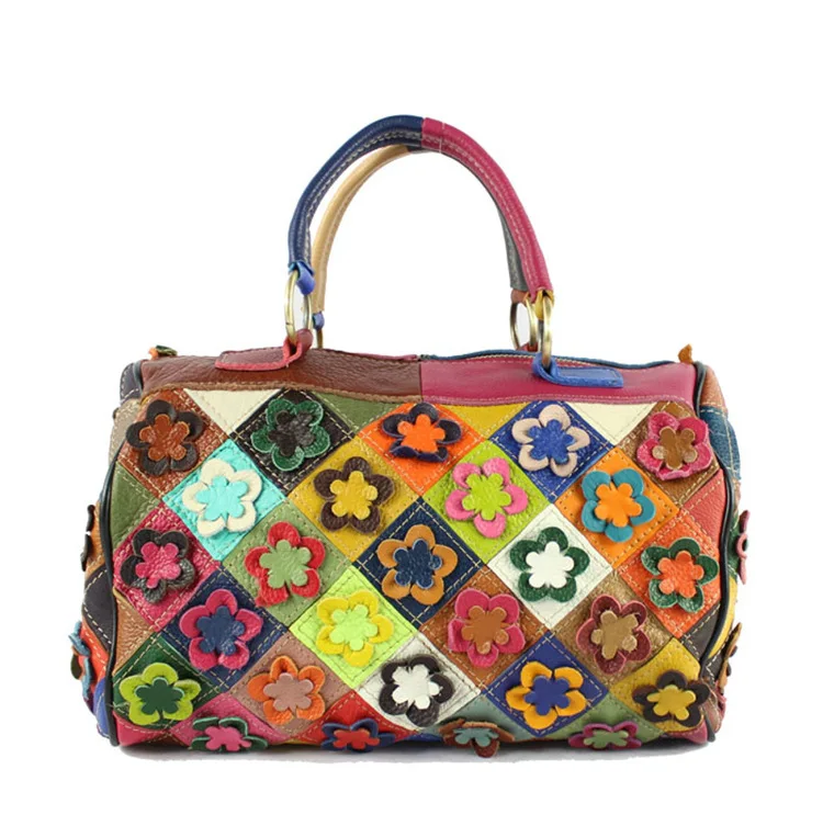 Borsa a mano in pelle di mucca patchwork floreale per donna 2024 Borsa a tracolla Bowler Boston multicolore in vera pelle di qualità femminile