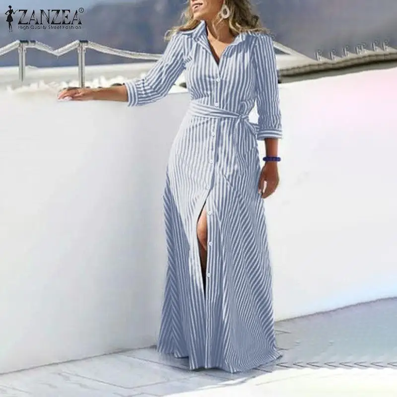 ZANZEA Fashion Autumn Long Sleeve Buttons Maxi Long Dress Elegant Women Lapel Neck Striped Dress Sundress Shirt Vestidos Femme