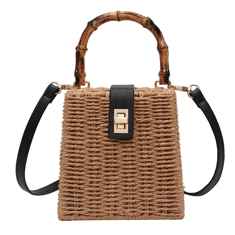 Square Rattan Bag Women\'s Handbag Handmade Beach Straw Bag Female Shoulder Messenger Bags Weaving Wood Tote Crossbody Bag 2020