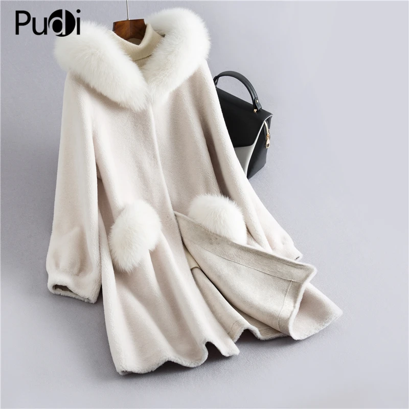 

PUDI H915 Women Winter Real Wool Fur Oversize Jacket Vest Genuine Fox Collar Hood Leisure Girl Fur Coat Lady Jacket Overcoat