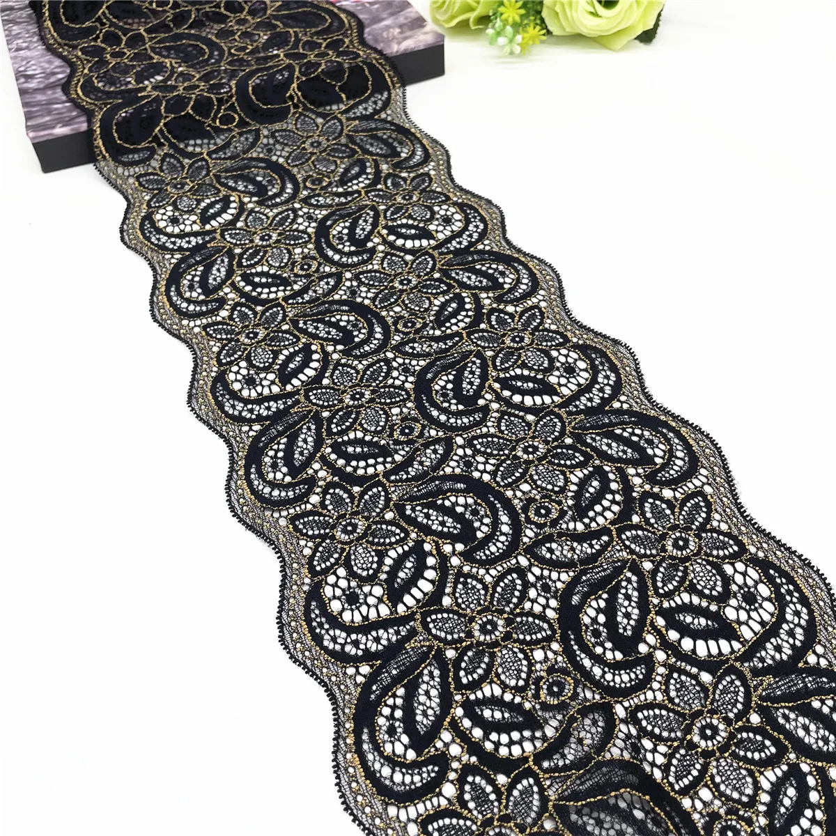 3M/lot Width 7 1/2 inch 19cm Black Yellow Elastic Stretch Lace Trim For Clothing Accessories Dress Sewing Applique Lace Fabric