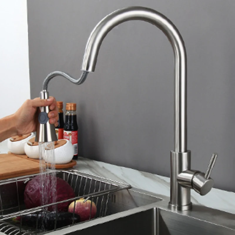 

Pull Out Kitchen Faucet 304 Stainless Steel Double Function Spray Hot and Cold Mixer Tap Pull Down Kitchen Sink Faucets Brushed