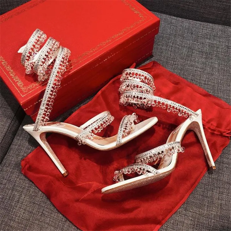 Sexy Pearl Studded Women Sandals Snake Shape Ankle Strappy High Heel Party Wedding Shoes Open Toe Narrow Band Runway Shoes Woman