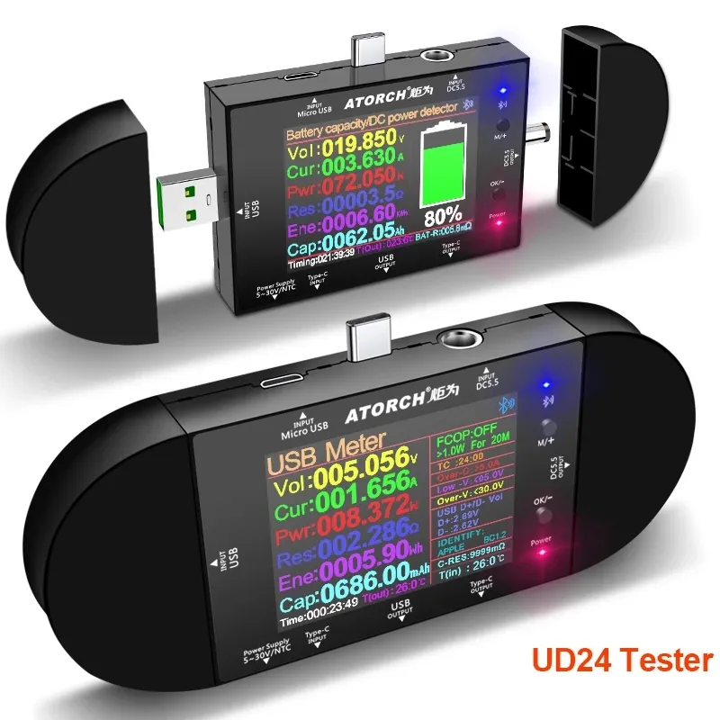 UD24 USB Tester Type-C 2.4"inch DC5.5 Digital Ammeter Voltmeter Power Bank Voltage Detector Volt PD Trigger Electric Meter