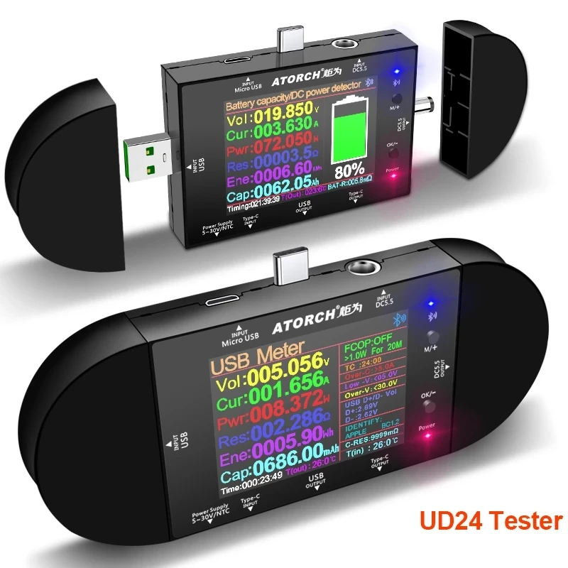UD24 Tester USB typu C 2,4 "cal DC5.5 cyfrowy amperomierz woltomierz Power Bank detektor napięcia Volt PD wyzwalacz miernik elektryczny