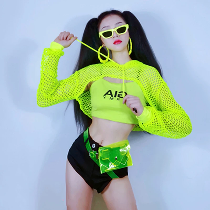 Fluorescence Green Net Tops Vest Jazz Hip-Hop Dance Clothes For Women Nightclub Dj Show Costumes Gogo Dancer Outfits DNV15341