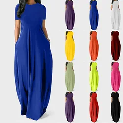 Women Summer Dress Oversize Casual Solid O-Neck Pockets Long Dress Female Plus Size Short Sleeve High Waist Maxi Dresses Vestido