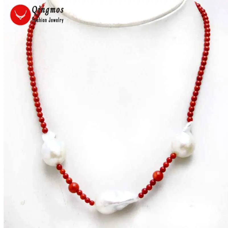 Qingmos 14*25mm Baroque Natural White Pearl Pendant Necklace for Women with 3-4mm Natural Red Coral Necklace Chokers Jewelry