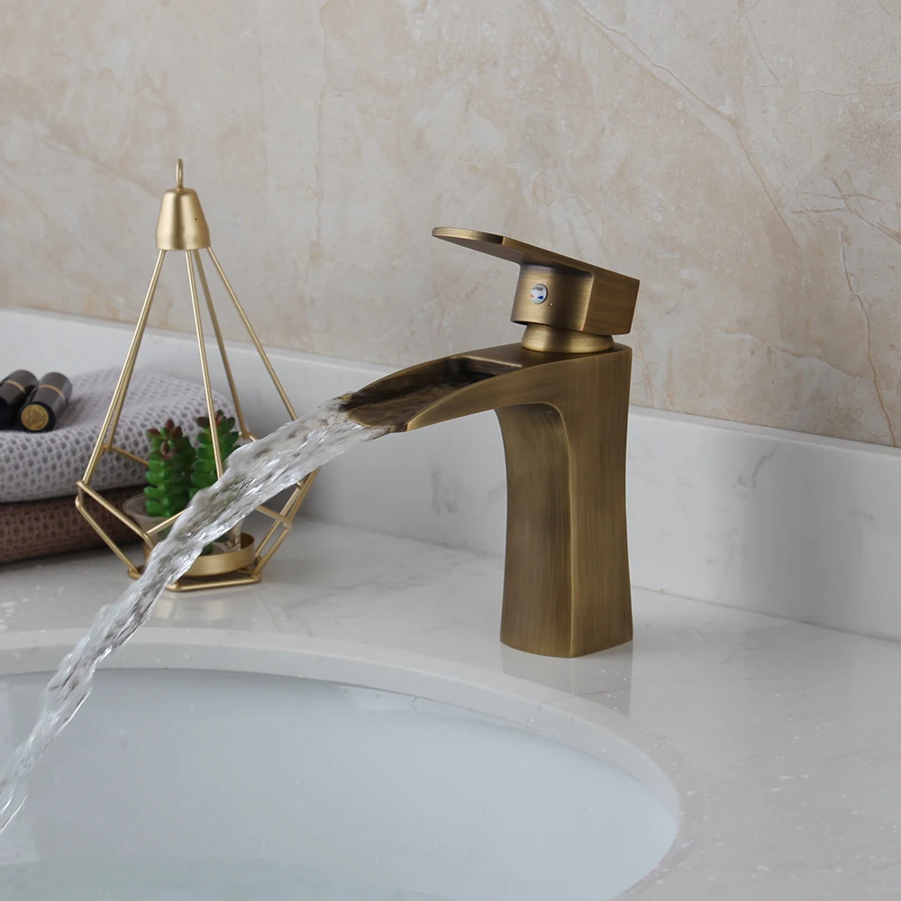 luxury waterfall faucet bathroom short Antique brass tap torneira banheiro deck mounted single handle faucets new mixer tap