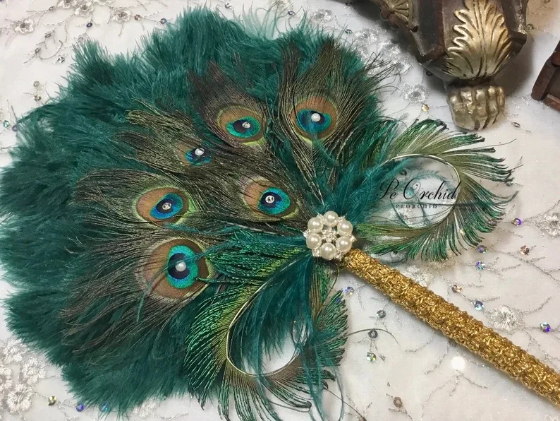 Abanico de plumas de avestruz verde PEORCHID para novia, ramo de pavo real para dama de honor, regalo para el gran Gatsby de los 1902, abanico de mano para ramo de boda