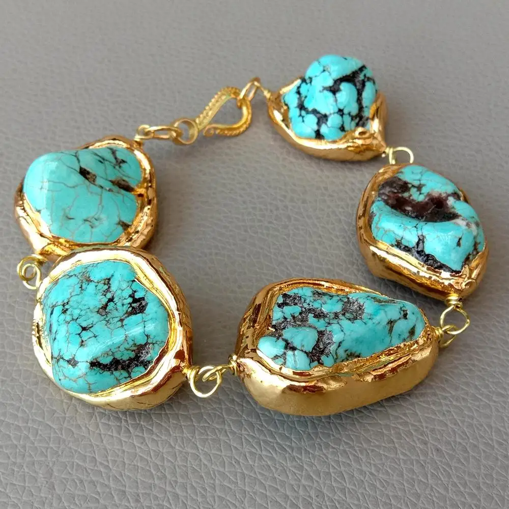 YYGEM 9\'\' Freeform Nugget Blue Turquoise Yellow Gold color Edge Wrap Bracelet Vintage style For women