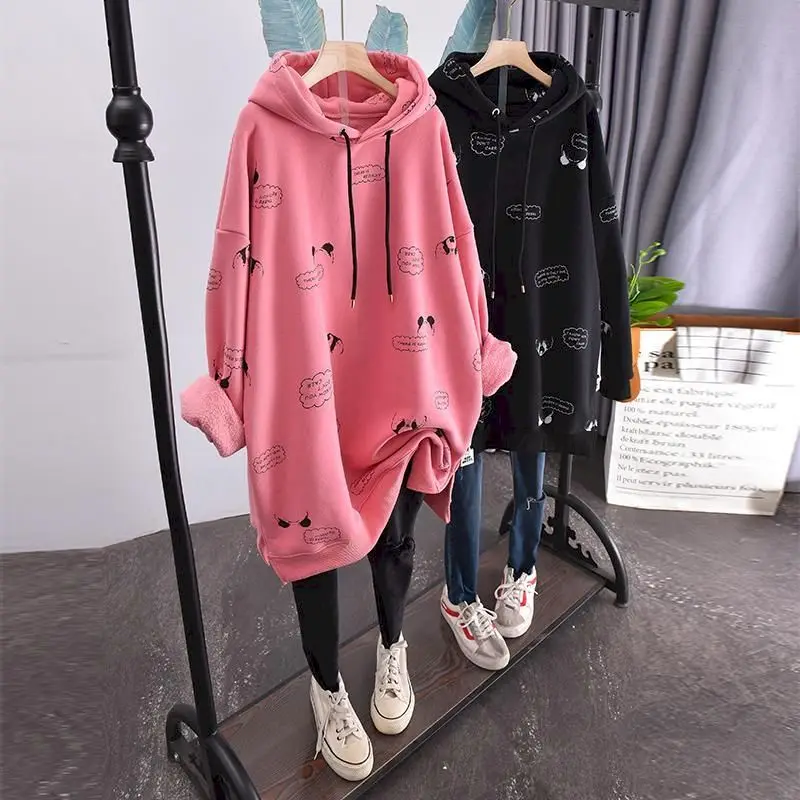 2024 New Large Size Plus Velvet Hoodies Women Loose Korean Style Autumn And Winter New Mid-length Thick Coat Women\'s Hooded Top