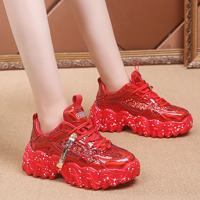 

2023 New Spring & Autumn Women Shoes Fashion Sequins Daddy Shoes Student Bling Sneakers 6cm High Casual Shoes Single Shoes 35-40