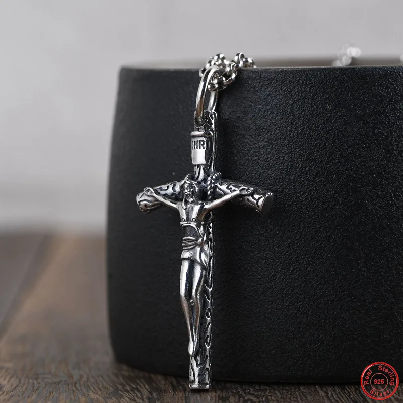 

S925 Sterling Silver Charm Pendants Jesus Crucifixion Cross Retro Totem Hanging Drop Pure Argentum Amulet Jewelry for Men Women