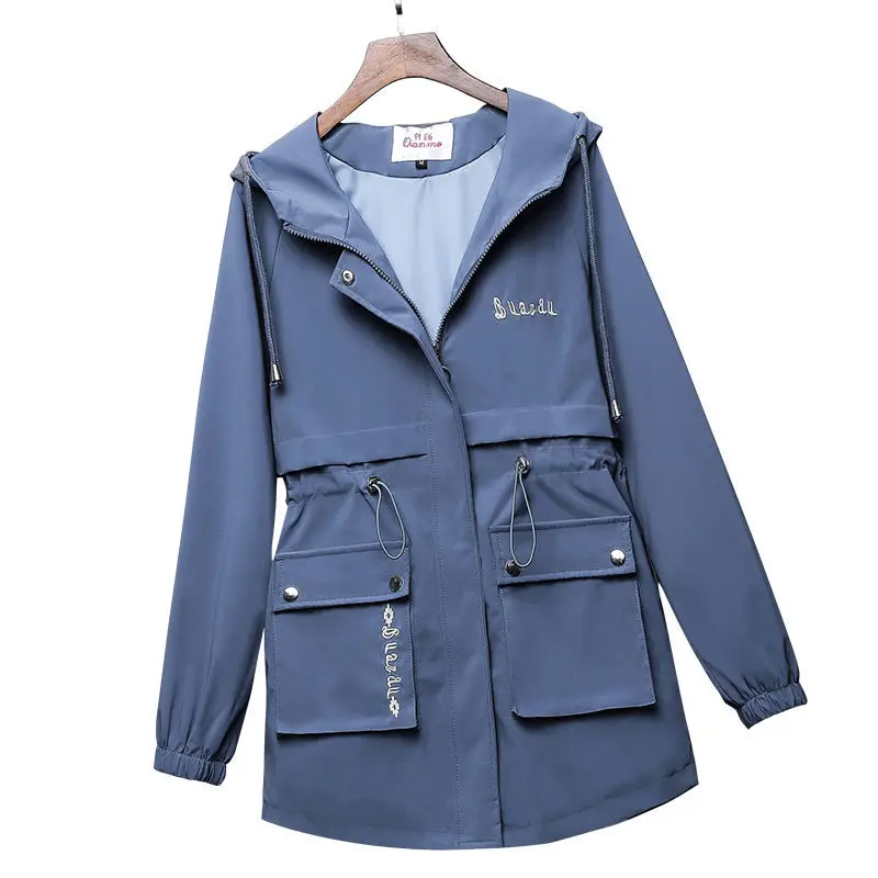 

Women's Trench Coat Spring Autumn 2023 New Jackets 4XL Women Loose Pocket Hooded Zipper Windbreaker Outerwear Female Coat