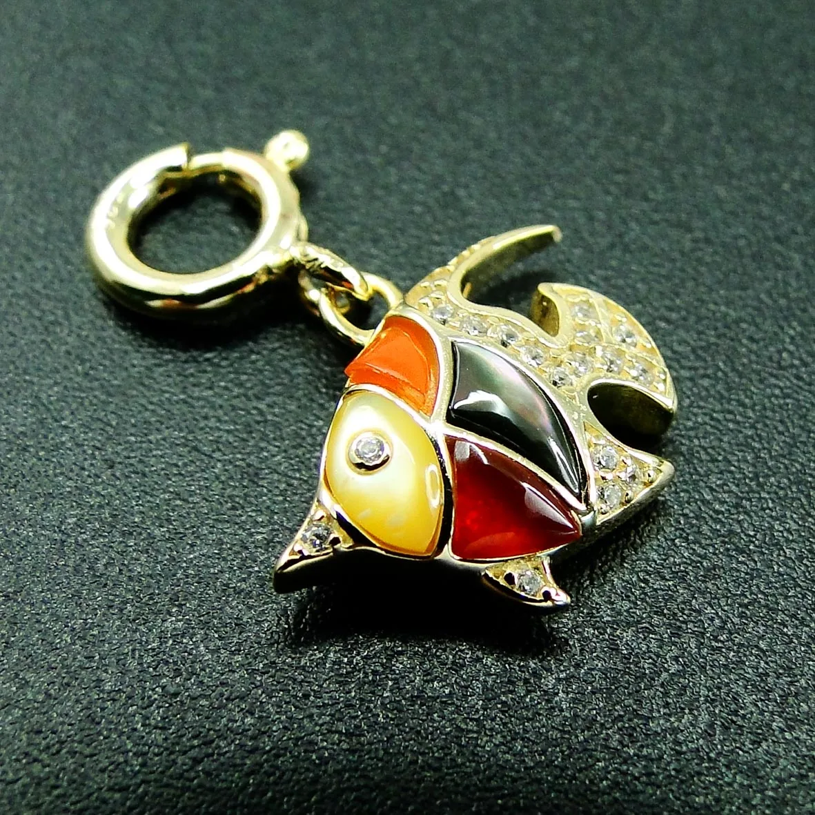 

14K Yellow Gold Natural Mother Of Pearl Charms Multicolor MOP 925 Sterling Silver Fish Charm with Spring Clasp