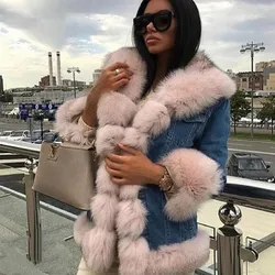 Women's Real Fox Fur Denim Jacket, Parker Clothing, Rabbit Fur Lining, Warm Winter Fashion, High Quality, New