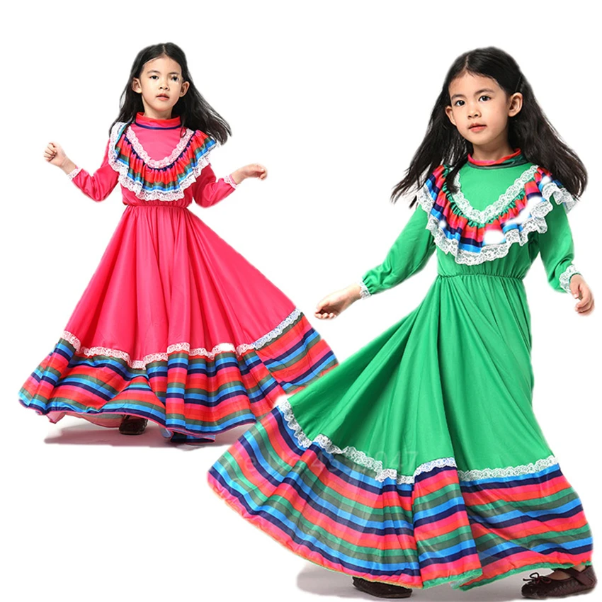 Dei Bambini del Vestito di Flamenco spagnolo Gypsy Costume di Ballo Per Bambini Sala Da Ballo di Danza Del Ventre 100-150CM Ragazza Eleganti scarpe Da Ballo Abiti Cosplay