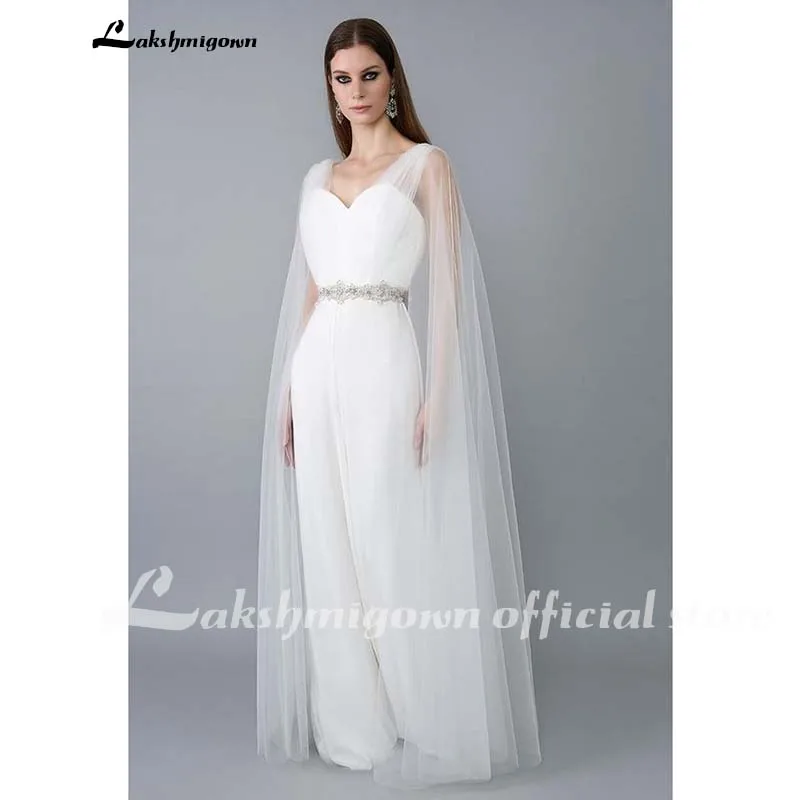 Weiß Chiffon Overalls Hochzeit Kleider Mit Cape Strand Garten Braut Kleid Prinzessin Frauen Hose Anzüge vestido