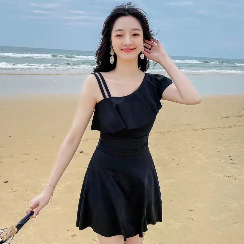 2024 Sexy Solid Swimsuit Women Korean Holiday Style One Shoulder Lotus Leaf Brim One Piece Skirt Swimming Beach Seaside