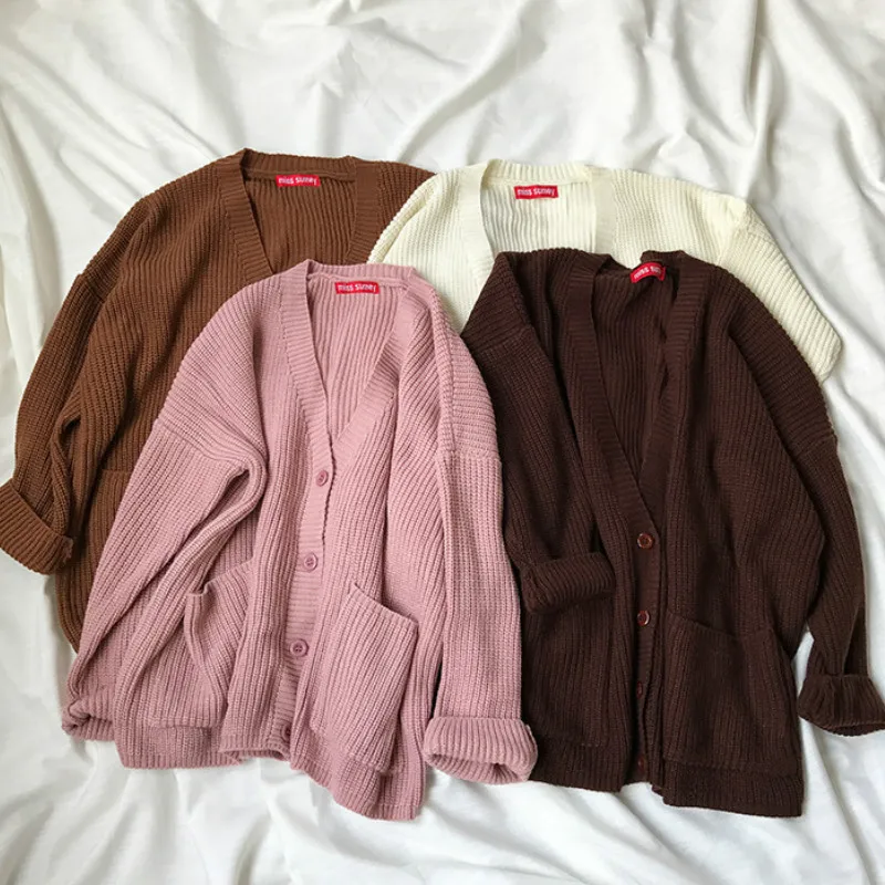 Simple Casual Oversized Sweater Women Loose V Neck Slim Knit Sweater Woman Autumn Winter Korean Warm Cardigan Feminino 2023